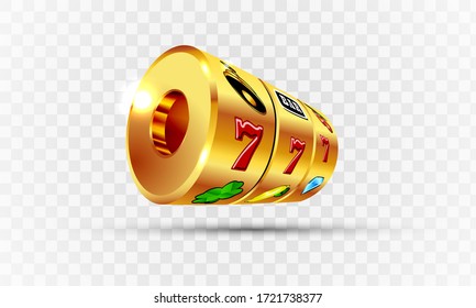 Vector illustration slot machine with lucky three sevens jackpot in realistic style on transparent background