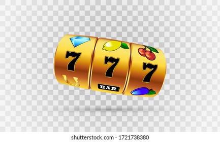 Vector illustration slot machine with lucky three sevens jackpot in realistic style on transparent background