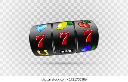 Vector illustration slot machine with lucky three sevens jackpot in realistic style on transparent background