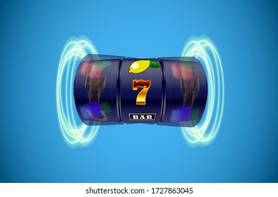 Vector illustration slot machine with lucky three sevens jackpot in realistic style on blue background