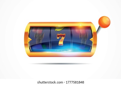 Vector illustration slot machine with lucky three sevens jackpot in realistic style on gray background