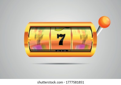 Vector illustration slot machine with lucky three sevens jackpot in realistic style on gray background