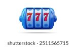  Vector illustration of a slot machine reel displaying triple sevens in blue and red colors, symbolizing a jackpot win in gambling. Perfect for concepts related to luck, gaming, and casinos.