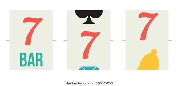 Vector illustration of slot machine reels with lucky sevens in minimal flat retro style