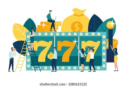 Vector illustration, a slot machine shows three sevens winnings, a jackpot in a casino, a super prize, a combination of numbers brings luck