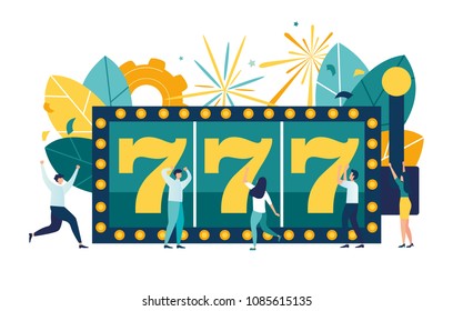 Vector illustration, a slot machine shows three sevens winnings, a jackpot in a casino, a super prize, a combination of numbers brings luck