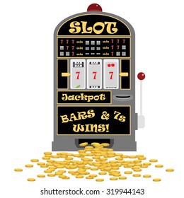 Vector illustration slot machine with symbols cherry, seven and bar. Lucky seven. Winning on seven. Golden coins