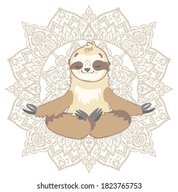 Ilustración vectorial de un oso perezoso en la posición del loto en el fondo de la mandala. Yoga, meditación, relajación. Aislado sobre fondo blanco.