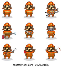 Vector Illustration of Sloth cartoon with Firefighter costume. Set of cute Sloth characters. Collection of funny Sloth isolated on a white background.