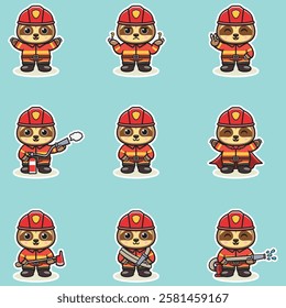 Vector Illustration of Sloth cartoon with Firefighter costume. Set of cute Sloth characters. This is Vector Illustration.