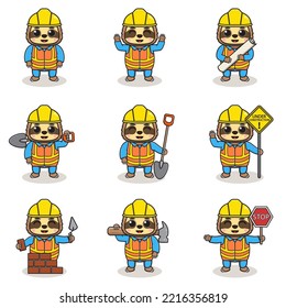 Vector illustration of Sloth character at construction site. Construction workers in various tools. Cartoon Sloth characters in hard hat working at building site vector.