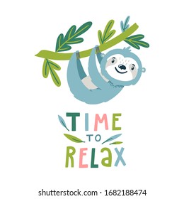 Vector Illustration With Sloth Hanging On Tree And Text 