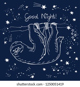 Vector illustration of sloth lounger on a tree branch with cloak, mask, lettering good night, contour handdrawn picture on cosmic background with falling stars