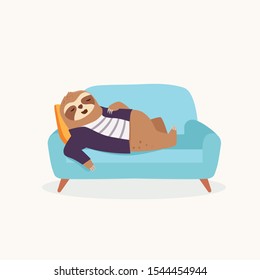 vector illustration of a sloth lying on an orange sofa