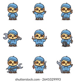 Vector Illustration of Sloth Mechanic Cartoon Character. Mechanic Character Vector Illustration. Sloth Character animal. Mechanic Mascot.