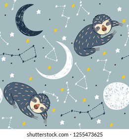 Vector illustration with sloth and moon. Sweet dreams.