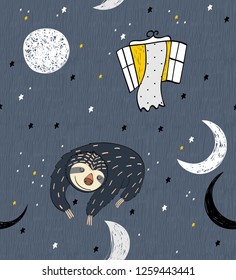 Vector illustration with sloth and moon. Sweet dreams.