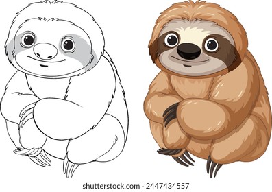 Vector illustration of a sloth, outlined and colored