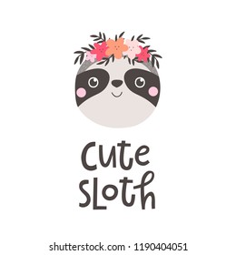 Vector illustration with sloth and text Cute sloth.