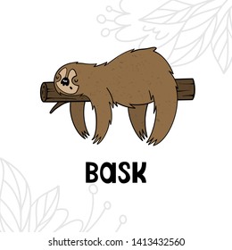 Vector illustration of a sloth in a tree on a background of flowers. Texture, hand drawn, cartoon style.
