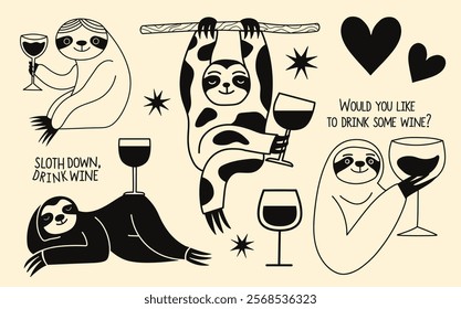 Vector illustration with sloth, wine, hearts, stars and text. Would you like to drink some wine. Black and white monochrome typography poster set. Apparel print, wall decoration