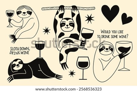 Vector illustration with sloth, wine, hearts, stars and text. Would you like to drink some wine. Black and white monochrome typography poster set. Apparel print, wall decoration