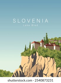 Ilustración vectorial. Eslovenia. Cartel de viaje, Anuncio, postal, cubierta. Diseño moderno. Turismo, viajes, naturaleza.