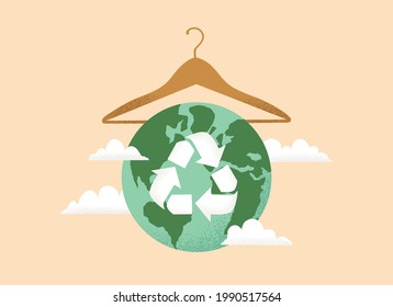 Ilustración vectorial del concepto de moda lenta con el planeta Tierra globo, colgador de ropa y símbolo Reuse, Reduce, Recycle