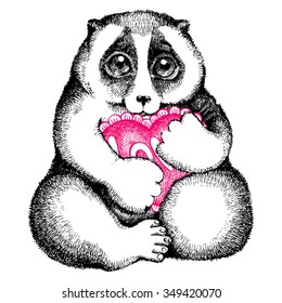 Vector Illustration Of Slow Loris With A Heart. Hand Drawn By Ink. Isolated Illustration On White Background