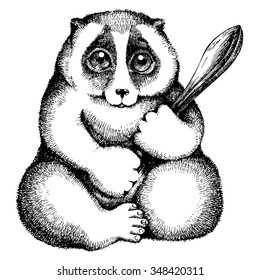 Vector  Illustration Of Slow Loris With A Spoon. Hand Drawn By Ink. Isolated Illustration On White Background