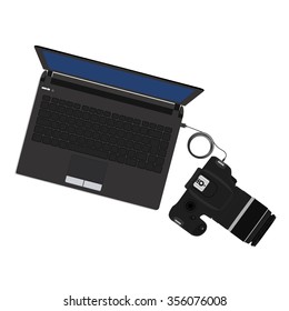 Vector illustration slr camera connected to laptop. Import photos from camera to pc