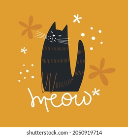 Vector illustration with sly, black cat. Spring time. Flat cartoon vector illustration.