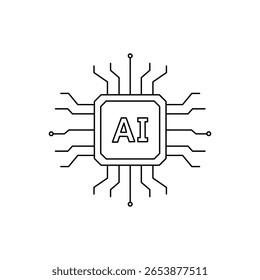Ilustração vetorial de um pequeno chip de IA com pinos simétricos curtos e mínimos detalhes.