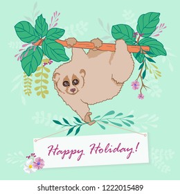 vector illustration of a small animal sitting on a tree, cute lemur  Lori  in nature, greeting card
,cartoon design