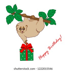 vector illustration of a small animal sitting on a tree, cute lemur  Lori  in nature, greeting card
,cartoon design