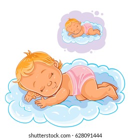 Vector illustration of a small baby in a diaper asleep using a cloud instead of a pillow. Print