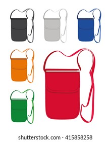 Vector Illustration Of A Small Bag Around Neck For The Phone, Money And Keys In Different Colors: Red, Blue, Orange, Green, Black And White