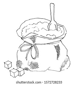 Vector illustration of a Small bag with sugar and a spoon. Ink sketch. Manual work. Great idea for postcard, calendar, holiday invitation, wrapping paper