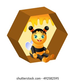 Vector Illustration. Small bee sits on the cells.

