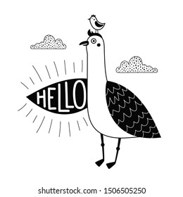 Vector illustration with small bird, clouds and seagull. Lettering word Hello on wing. Funny typography poster, doodle style apparel print design