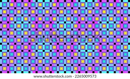 Vector illustration with small black squares and medium sized squares in blue-purple colors in the middle of a combination of yellow and sky blue squares on a sky blue and pink gradient background