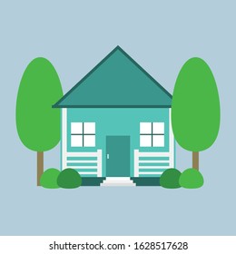 Vector illustration of a small blue house among trees