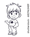 Vector illustration of small boy outlines. Cartoon of a young boy dressed up in a casual clothes presenting. Contour. Coloring book
