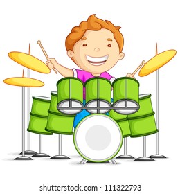 vector illustration of small boy playing drums