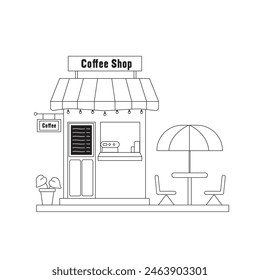 Ilustración vectorial. Pequeñas fachadas de negocios conjunto plano con panadería cafetería. Dibujado a mano ilustración de arte de línea.