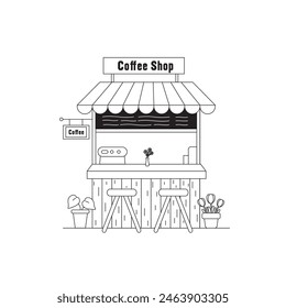 vector illustration. Small business facades flat set with bakery coffee shop. Hand drawn line art illustration.