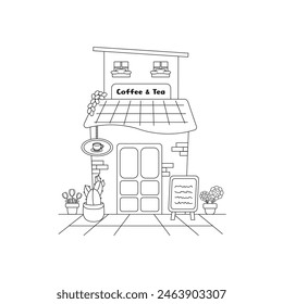 vector illustration. Small business facades flat set with bakery coffee shop. Hand drawn line art illustration.