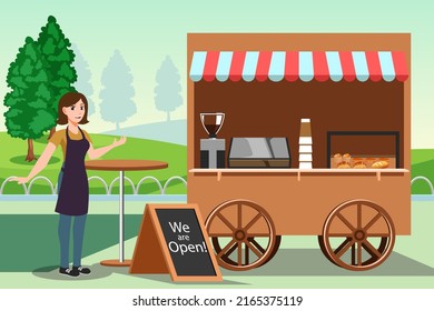 A Vector Illustration Of Small Business Owner Bakery Shop Food Stall 