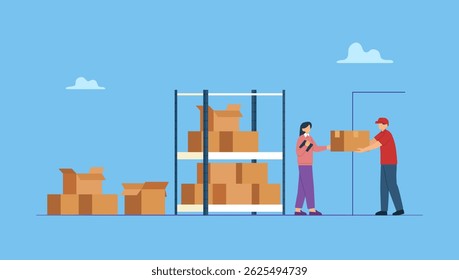 Ilustração vetorial de proprietários de pequenas empresas entregam pedidos para equipes de envio e entrega.