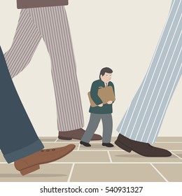 Vector illustration of a small businessman walking amongst the intimidating legs of larger businessmen